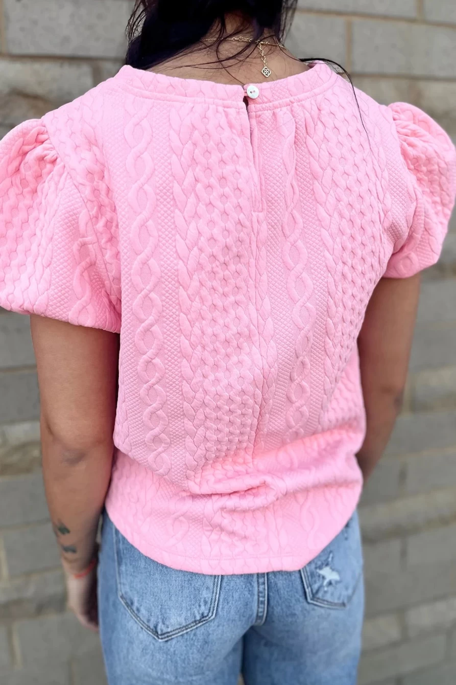 Shewin Women's Pink Textured Puff Sleeve Round Neck T-Shirt