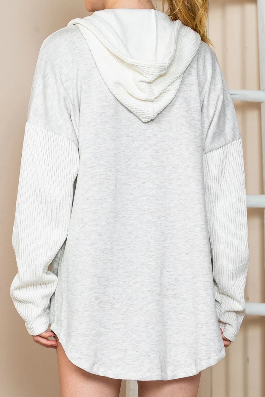 Shewin Women's Gray Button Up Hooded Jacket with Contrast Knitted Sleeves