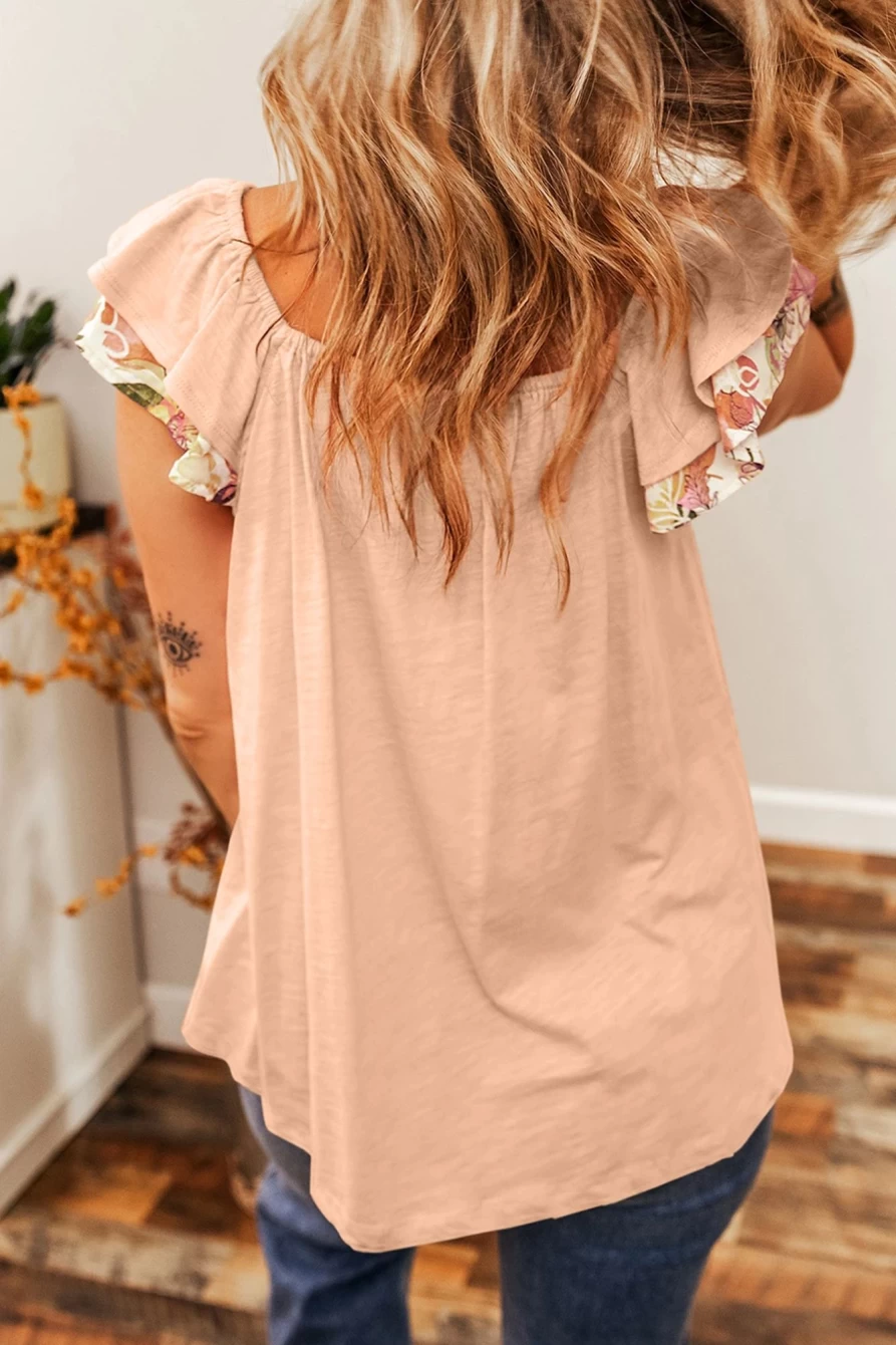 Shewin Women's Apricot Pink Floral Patchwork Blouse with Square Neck & Ruffle Sleeves