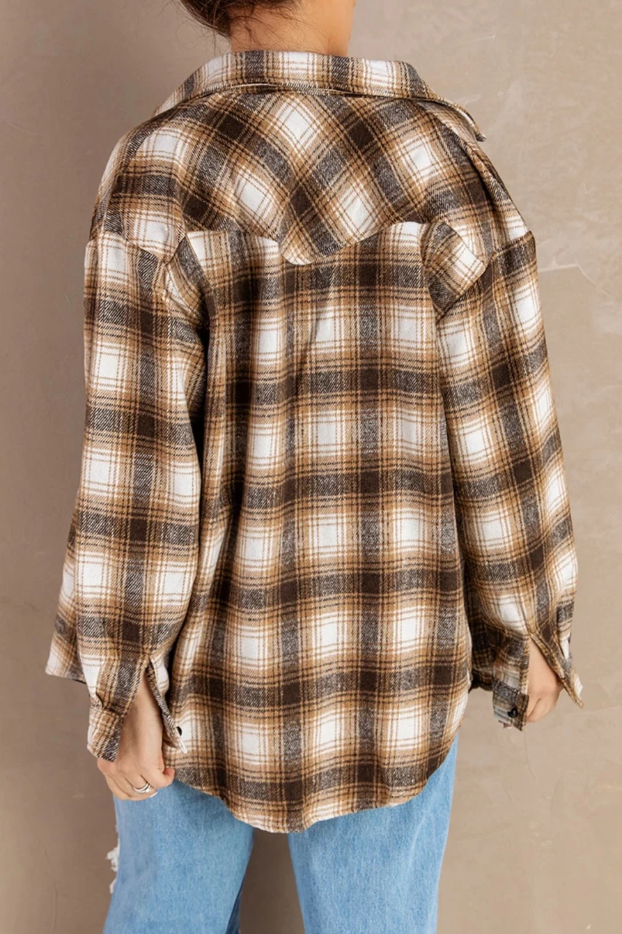 Women's Brown Plaid Button-Up Shacket with Collar - Shewin
