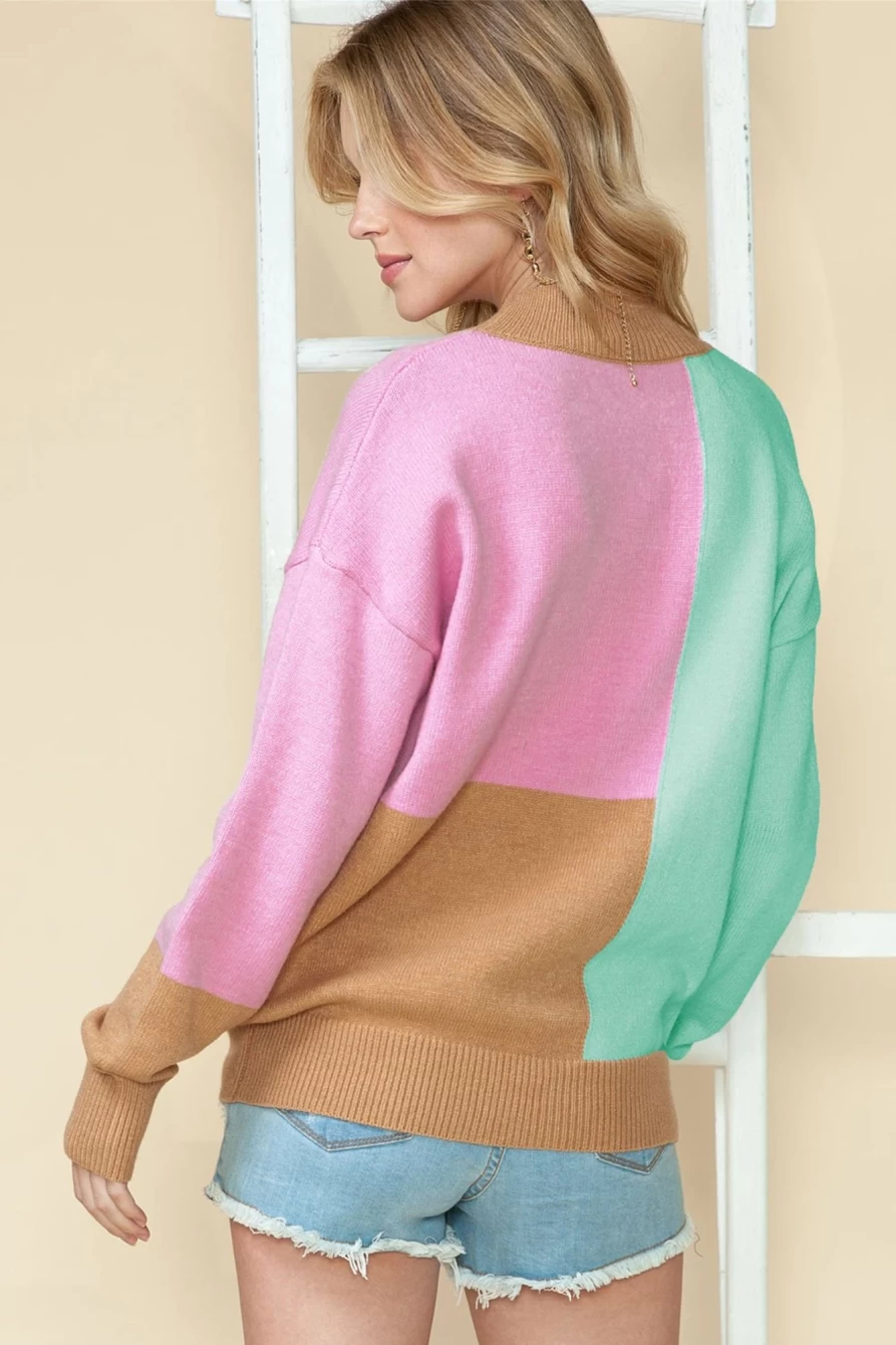Shewin Women's Multicolor Colorblock Mock Neck Ribbed Trim Sweater