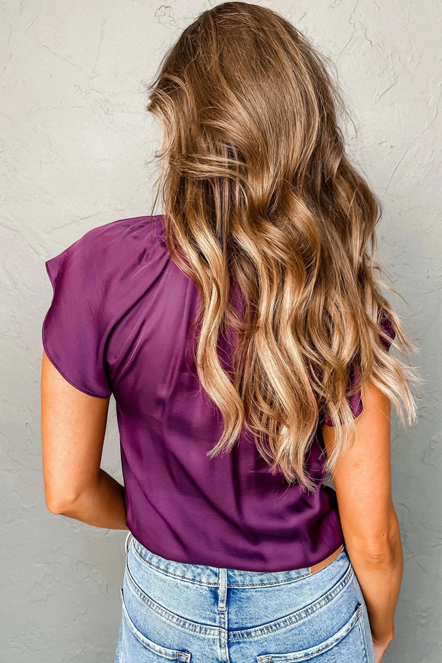 Shewin Women's Violet Satin Blouse with Pleated Flutter Sleeves Solid Color Top