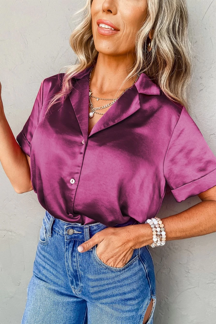 Women's Rose Red Satin Short Sleeve Collared Shirt by Shewin