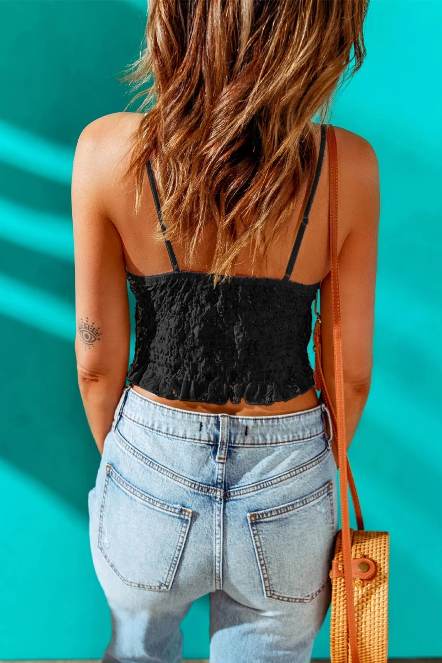 Shewin Women's Black Lace Crochet Smocked Cropped Camisole Top