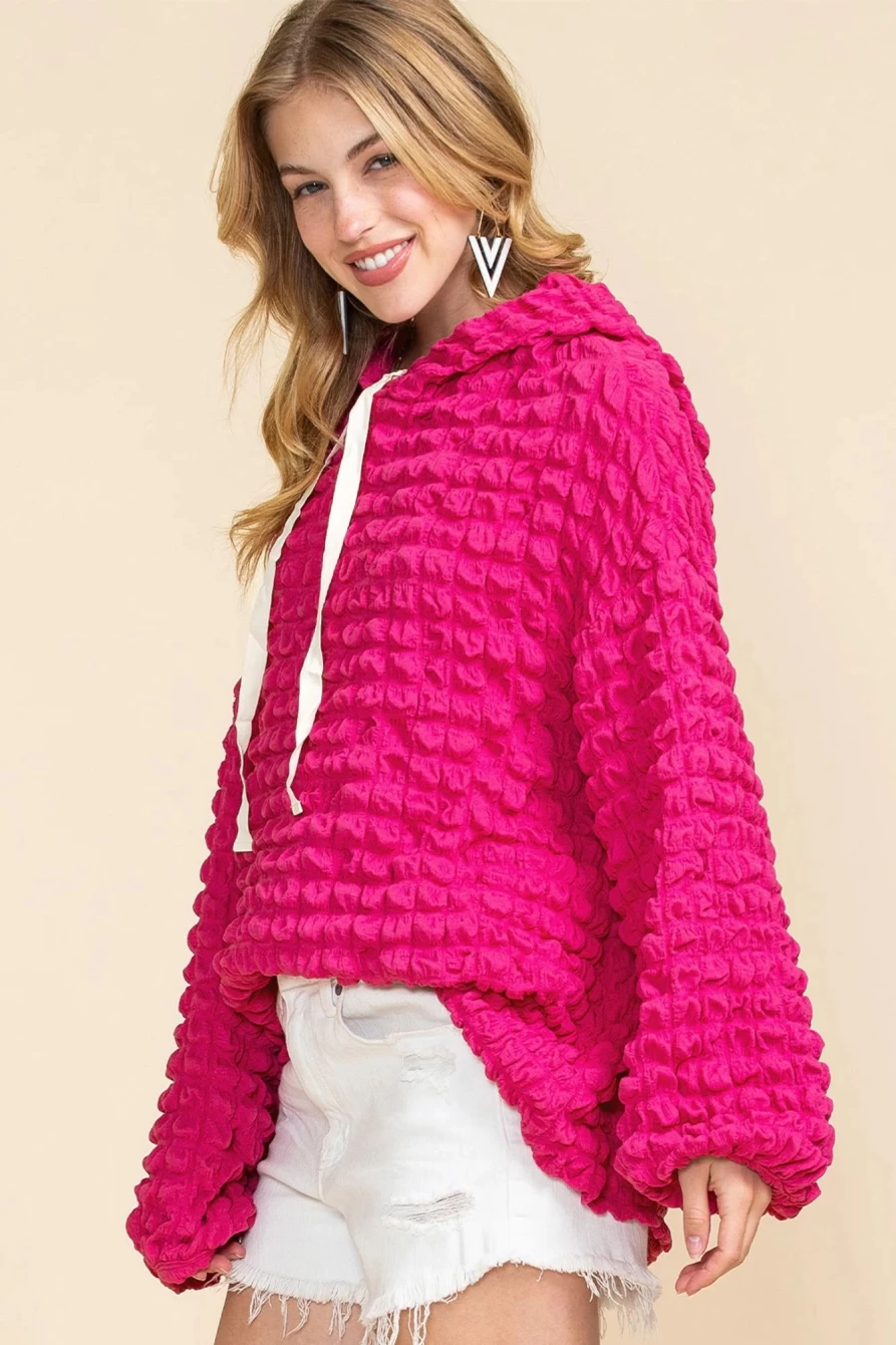 "SheWin Women's Rose Waffle Textured Hoodie - Drawstring Pullover Sweatshirt"