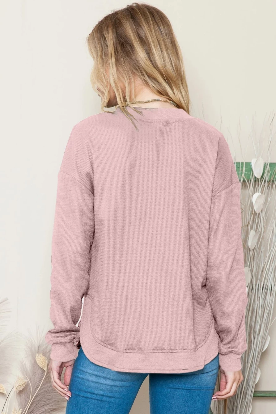 Shewin Women's Pink Waffle Knit Crew Neck Long Sleeve Casual Top