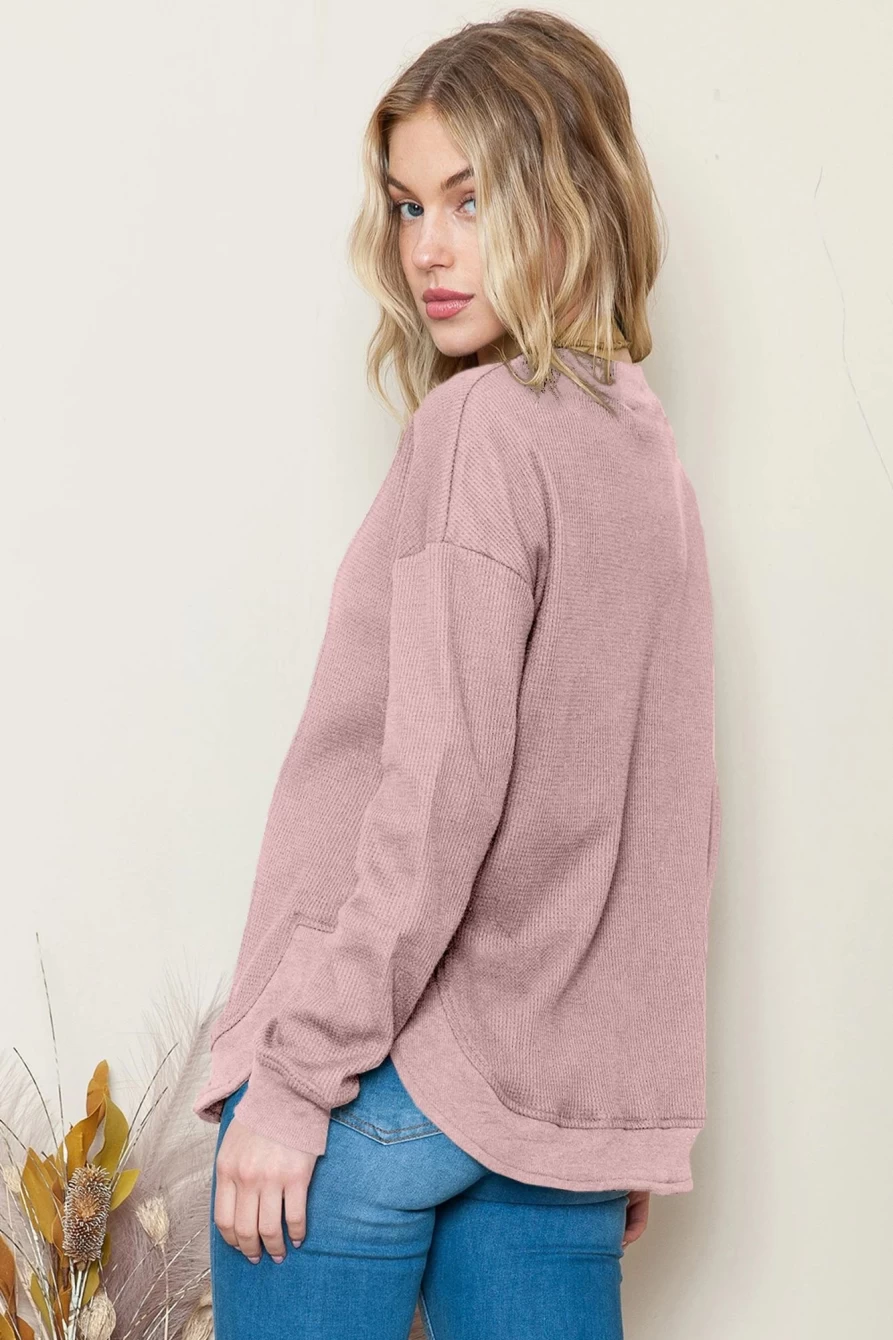 Shewin Women's Pink Waffle Knit Crew Neck Long Sleeve Casual Top