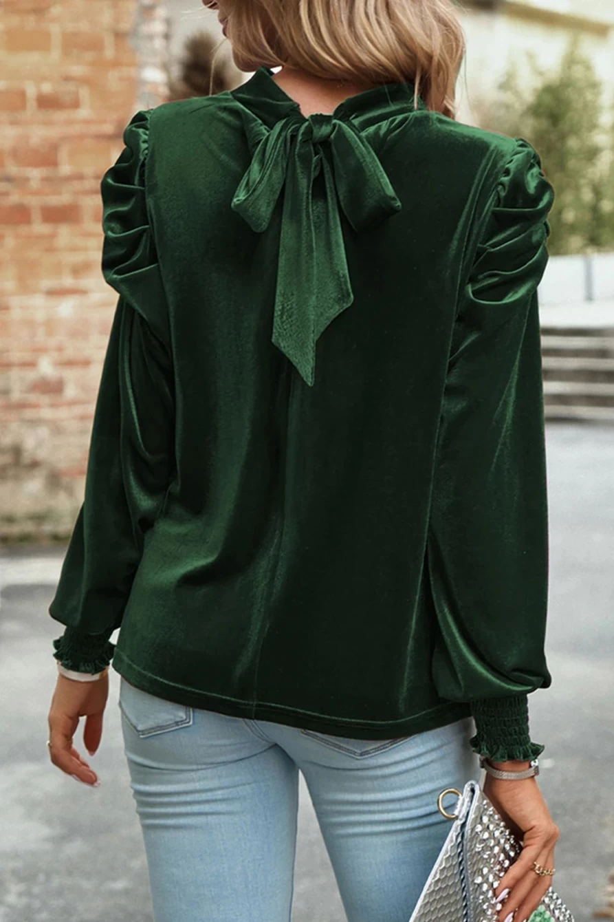 Shewin Women's Blackish Green Velvet Blouse with Keyhole Neck & Puff Sleeves