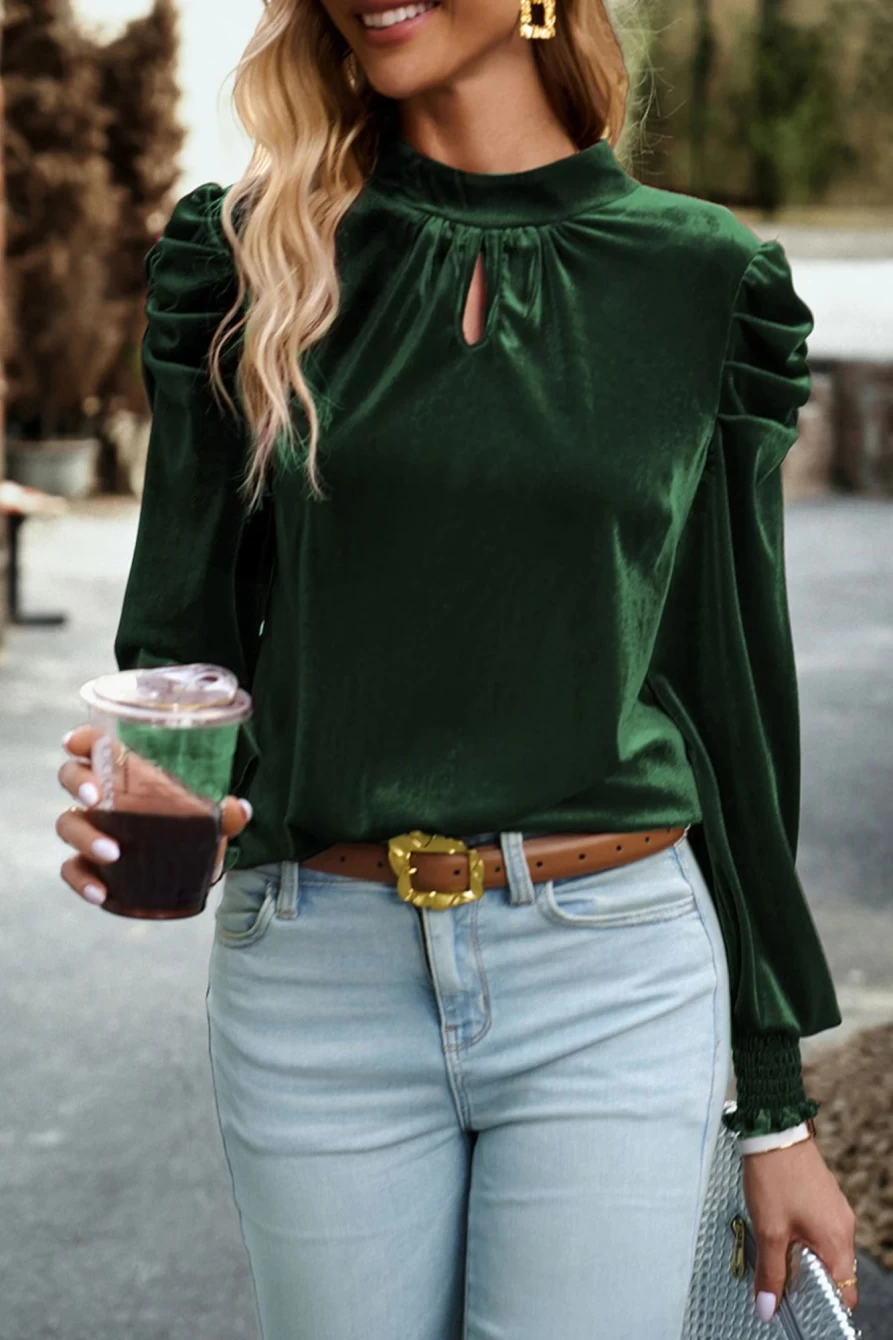 Shewin Women's Blackish Green Velvet Blouse with Keyhole Neck & Puff Sleeves
