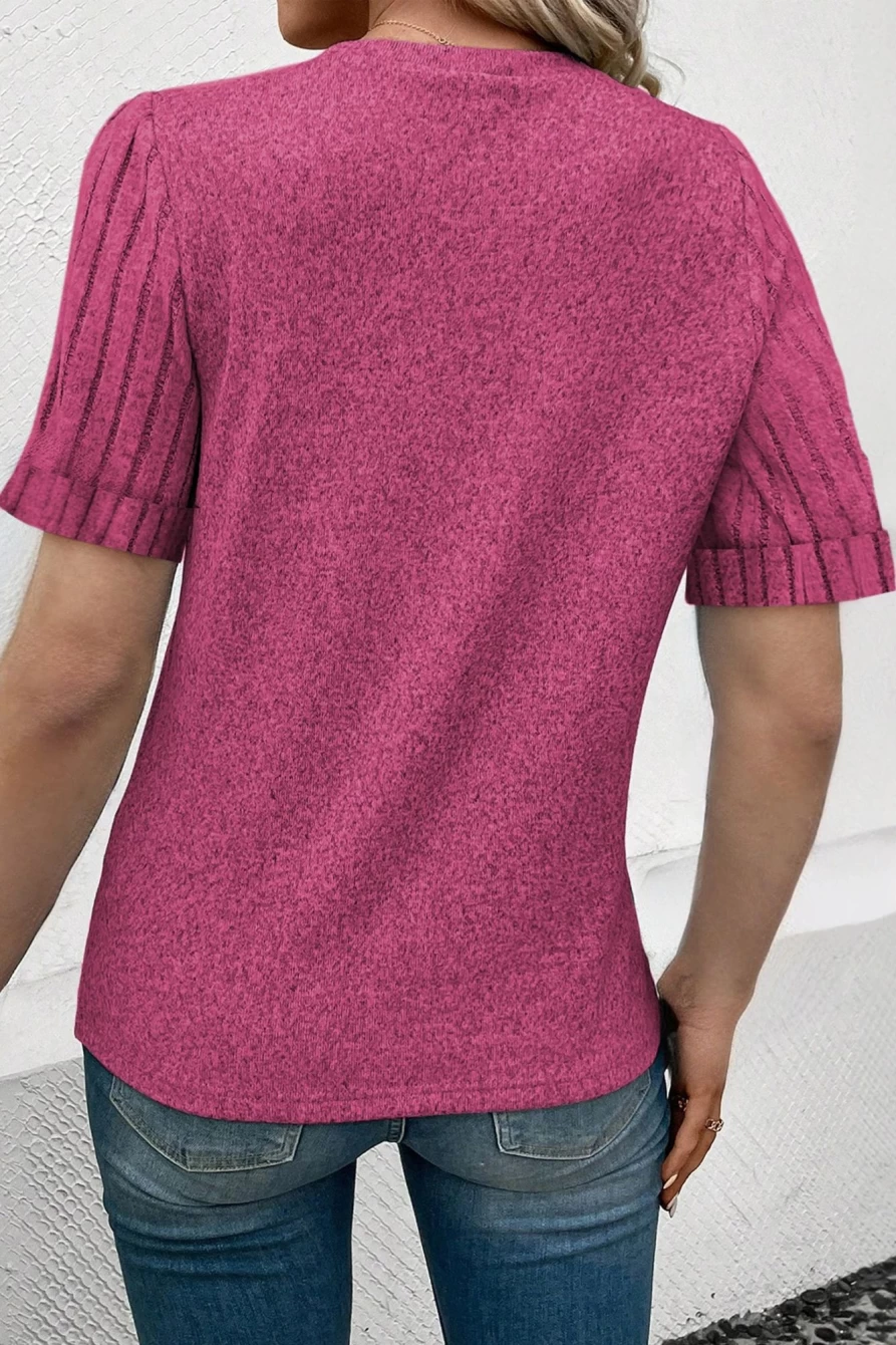 Shewin Women's Bright Pink Ribbed Short Sleeve Round Neck T-Shirt