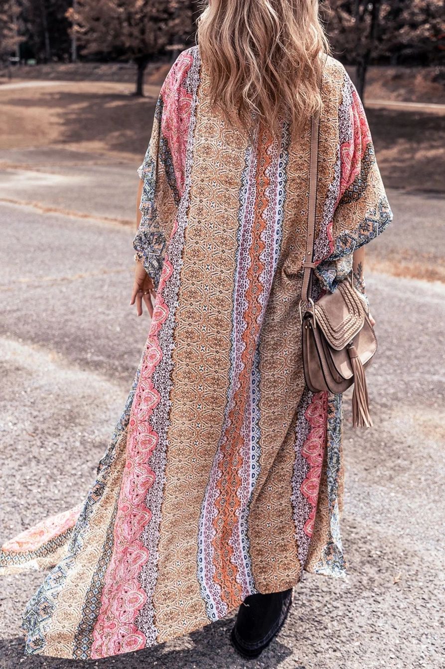 Shewin Women's Pink Boho Print Tassel Tie Duster Cover-Up Beach Kaftan