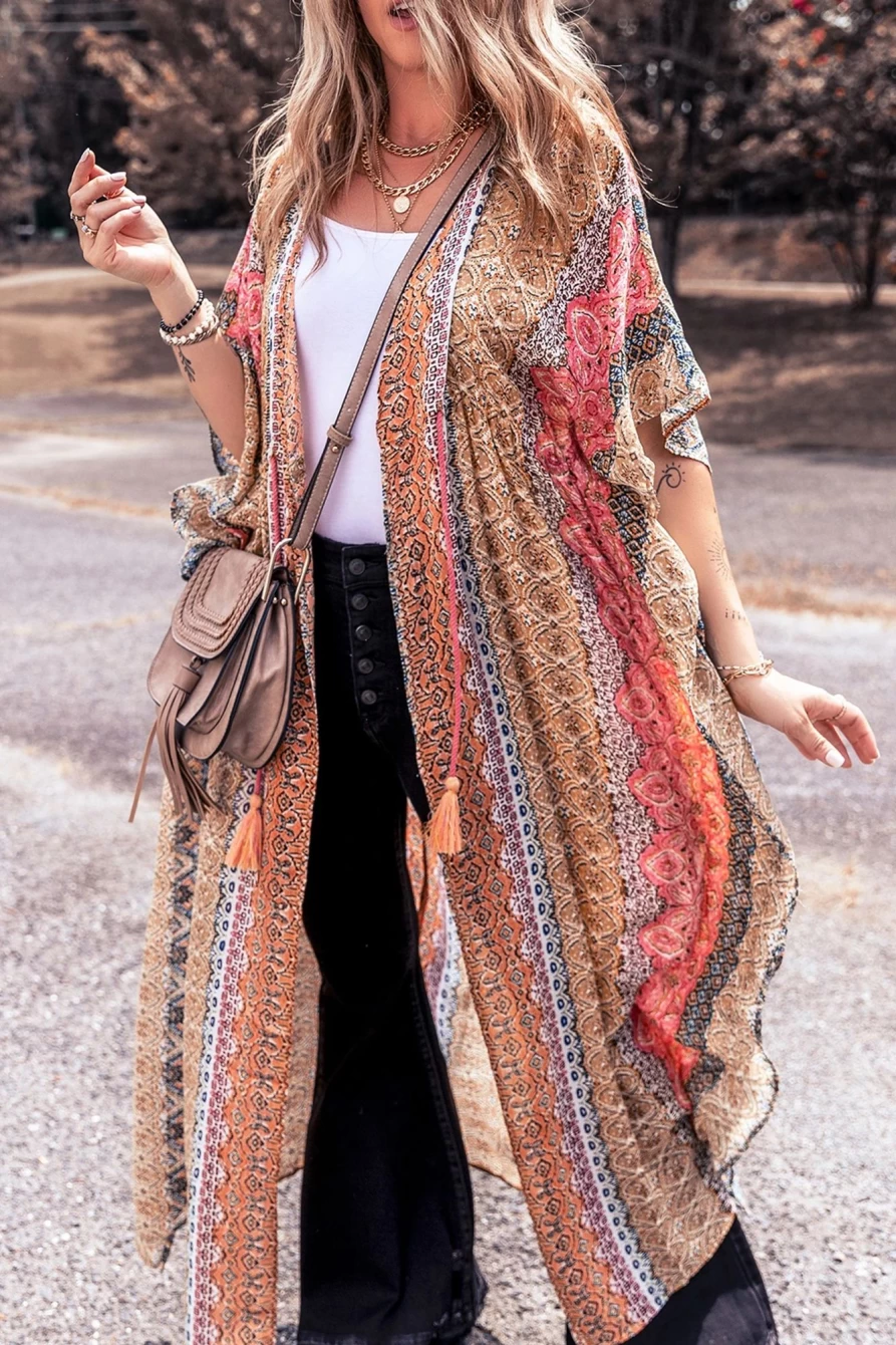 Shewin Women's Pink Boho Print Tassel Tie Duster Cover-Up Beach Kaftan