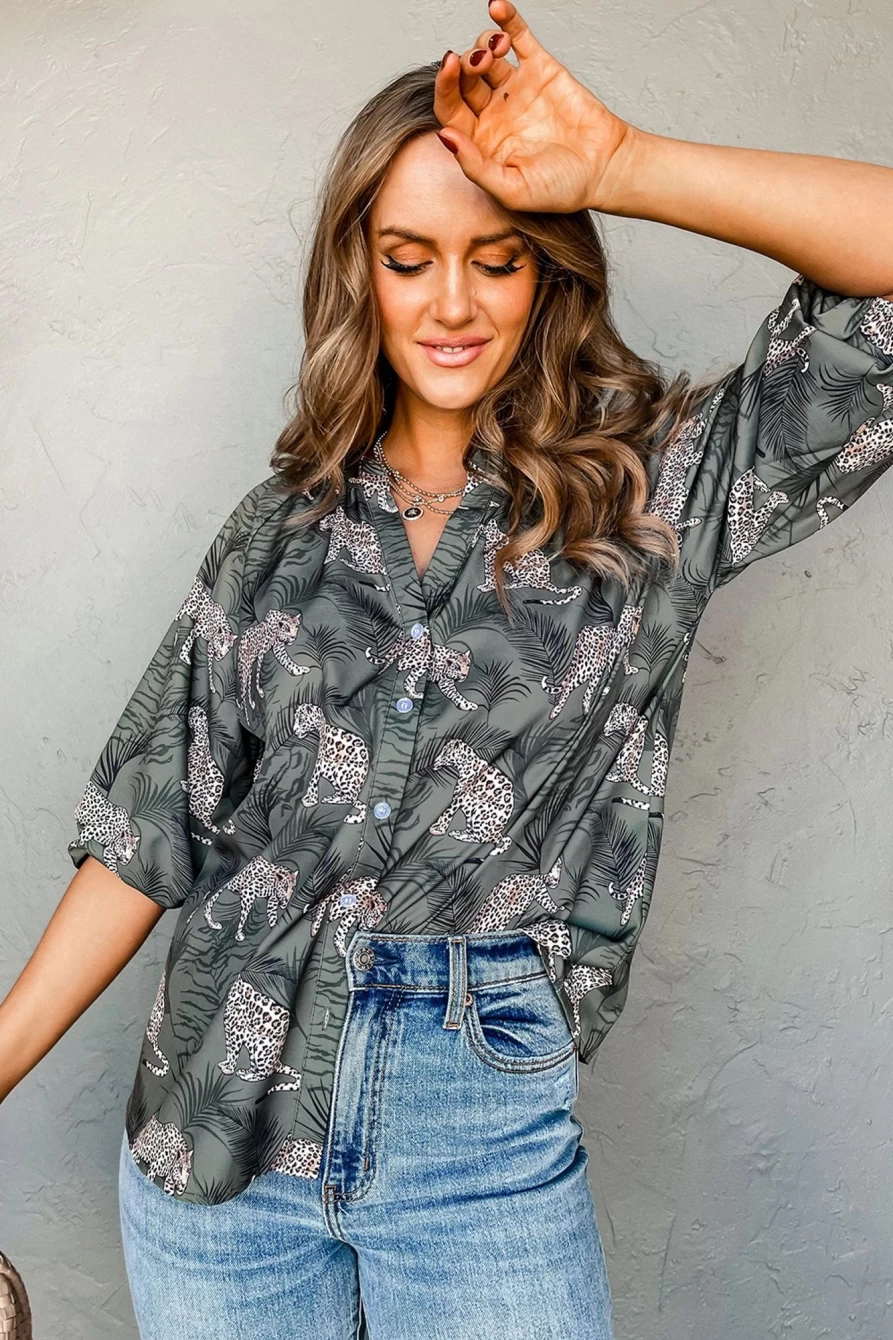 Women's Mist Green Cheetah Print Half Sleeve Button Up Shirt by Shewin
