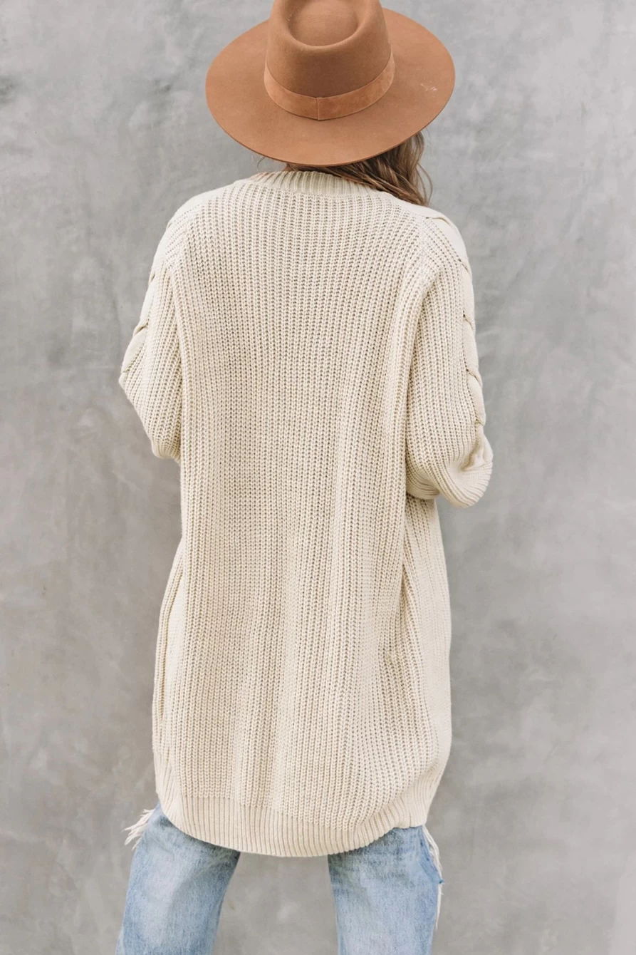 Shewin Women's Khaki Casual Long Cardigan Open Front Cable Knit Sweater
