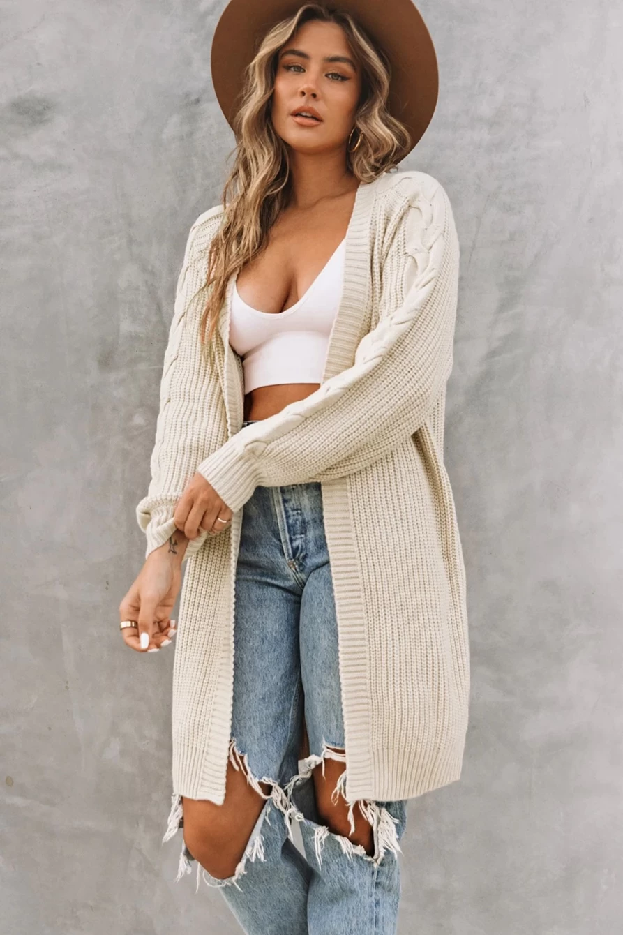 Shewin Women's Khaki Casual Long Cardigan Open Front Cable Knit Sweater