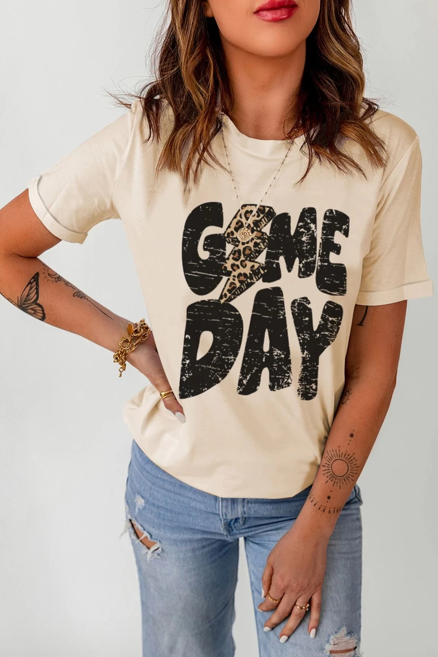 Shewin Women's Khaki Game Day Football Season Casual Graphic Tee