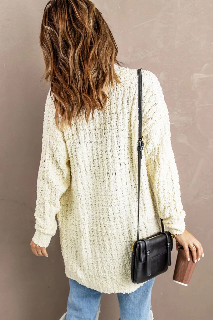 "Shewin Women's White Creamy Pebble Beach Textured Cardigan – Soft Cozy Knit Sweater"
