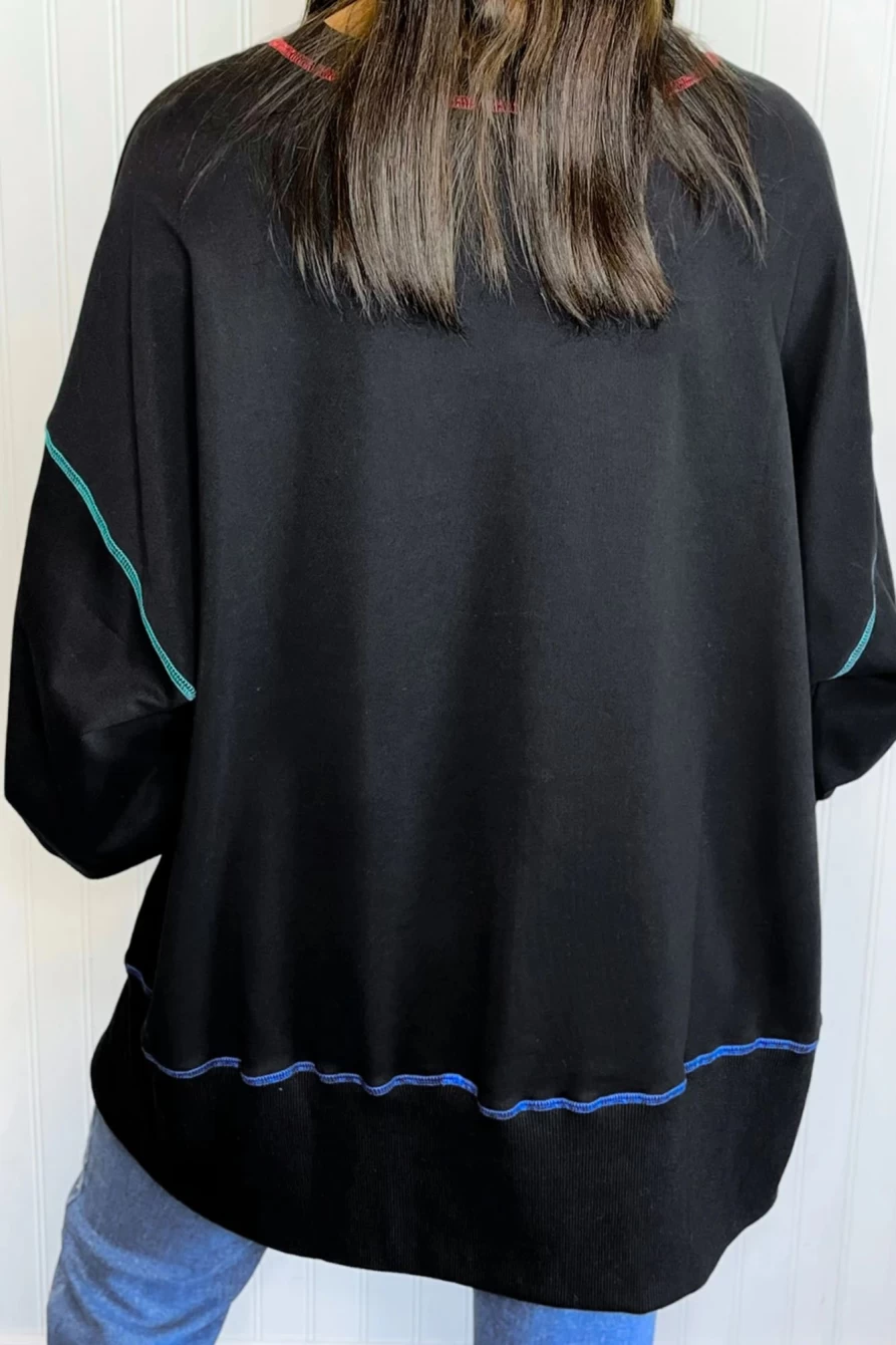 Shewin Women's Black Oversized Sweatshirt with Contrast Stitching & Side Split Design
