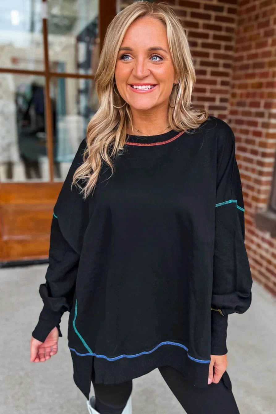 Shewin Women's Black Oversized Sweatshirt with Contrast Stitching & Side Split Design