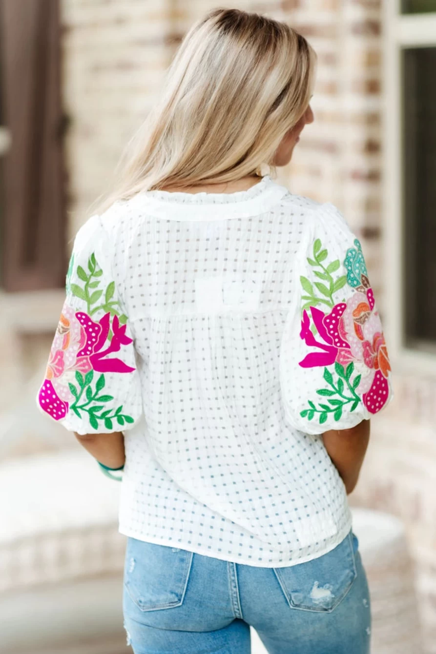 Shewin Women's White Floral Embroidered Puff Sleeve Notch Neck Blouse Top