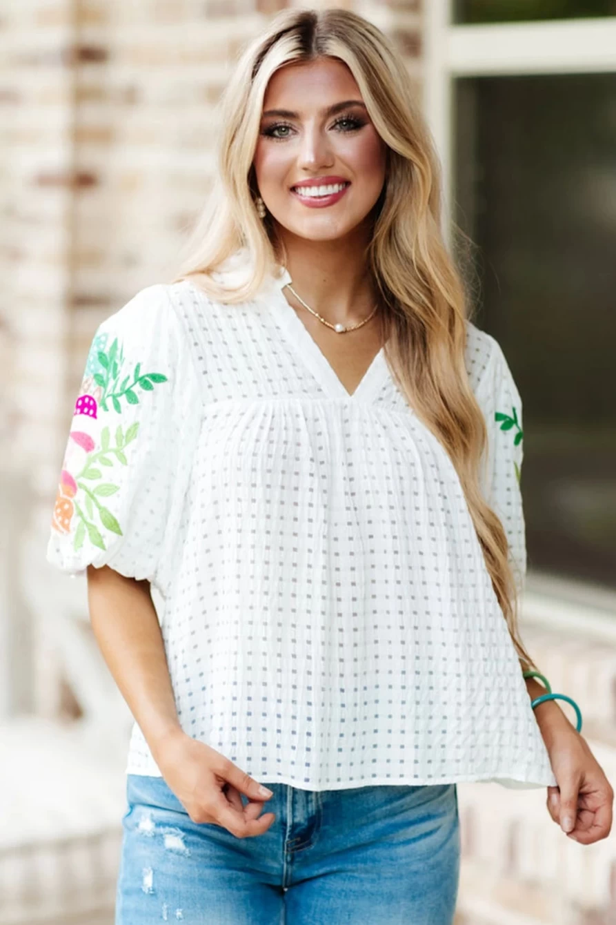 Shewin Women's White Floral Embroidered Puff Sleeve Notch Neck Blouse Top