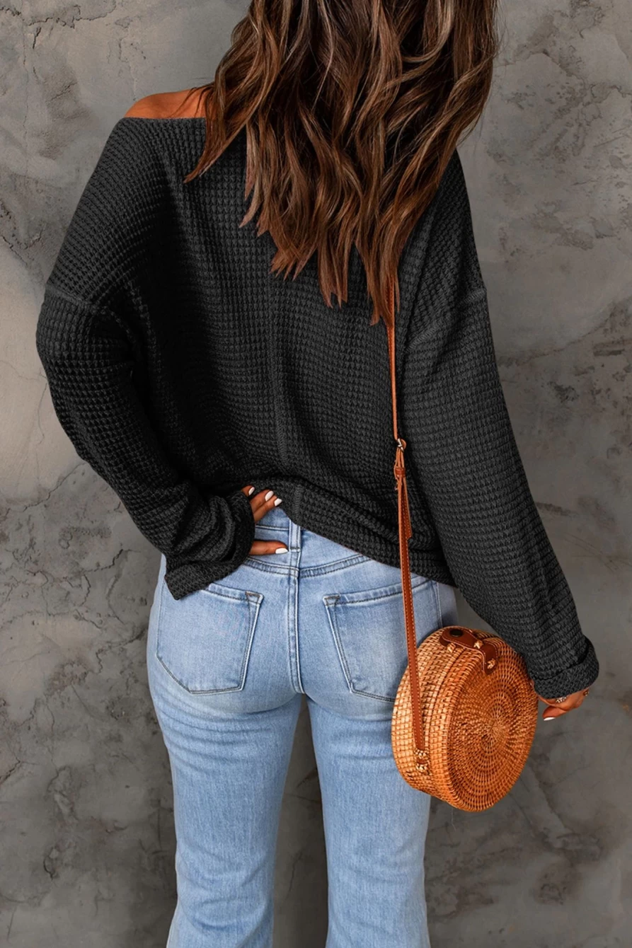 Shewin Women's Black Waffle Split V-Neck Drop Shoulder Long Sleeve T-Shirt