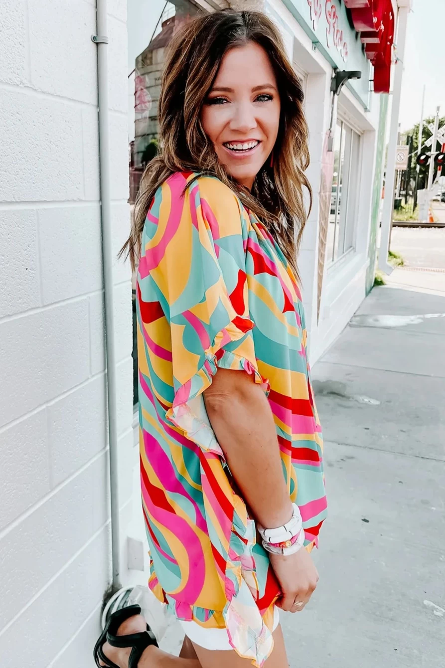 Shewin Women's Multicolour Abstract Print Ruffle Trim Tunic Blouse
