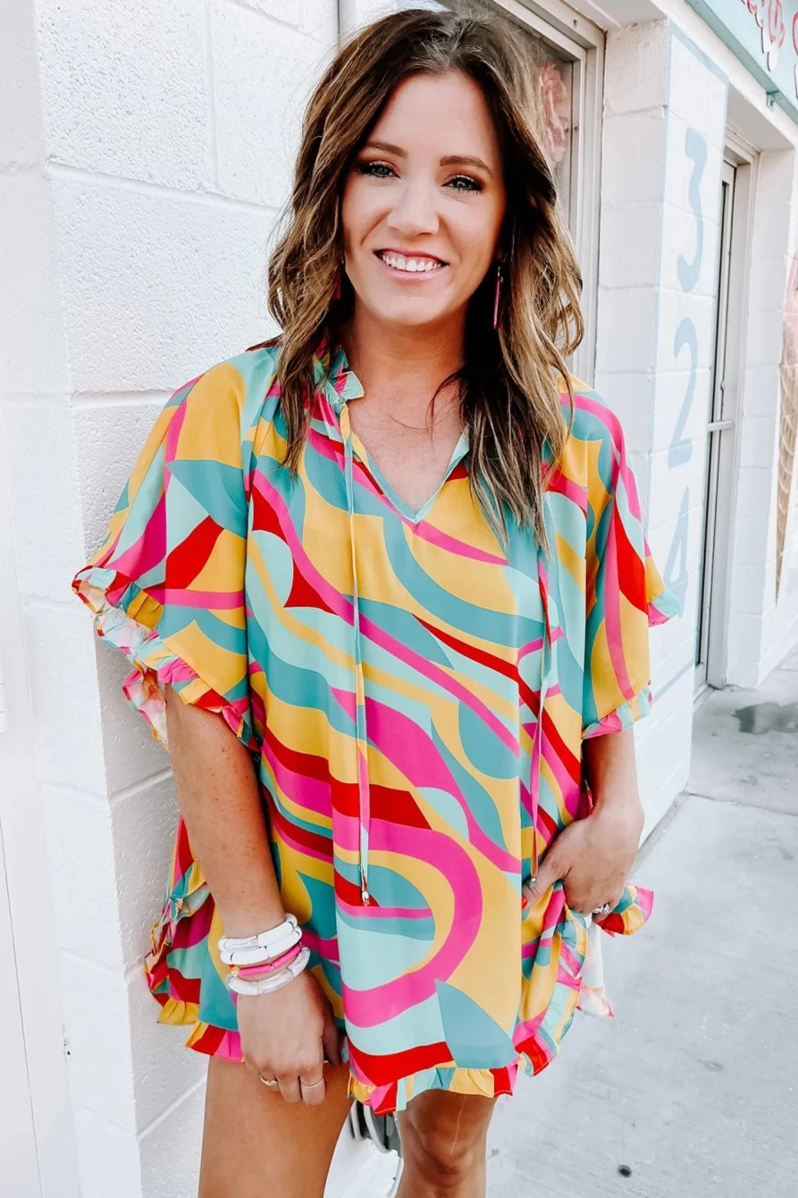 Shewin Women's Multicolour Abstract Print Ruffle Trim Tunic Blouse