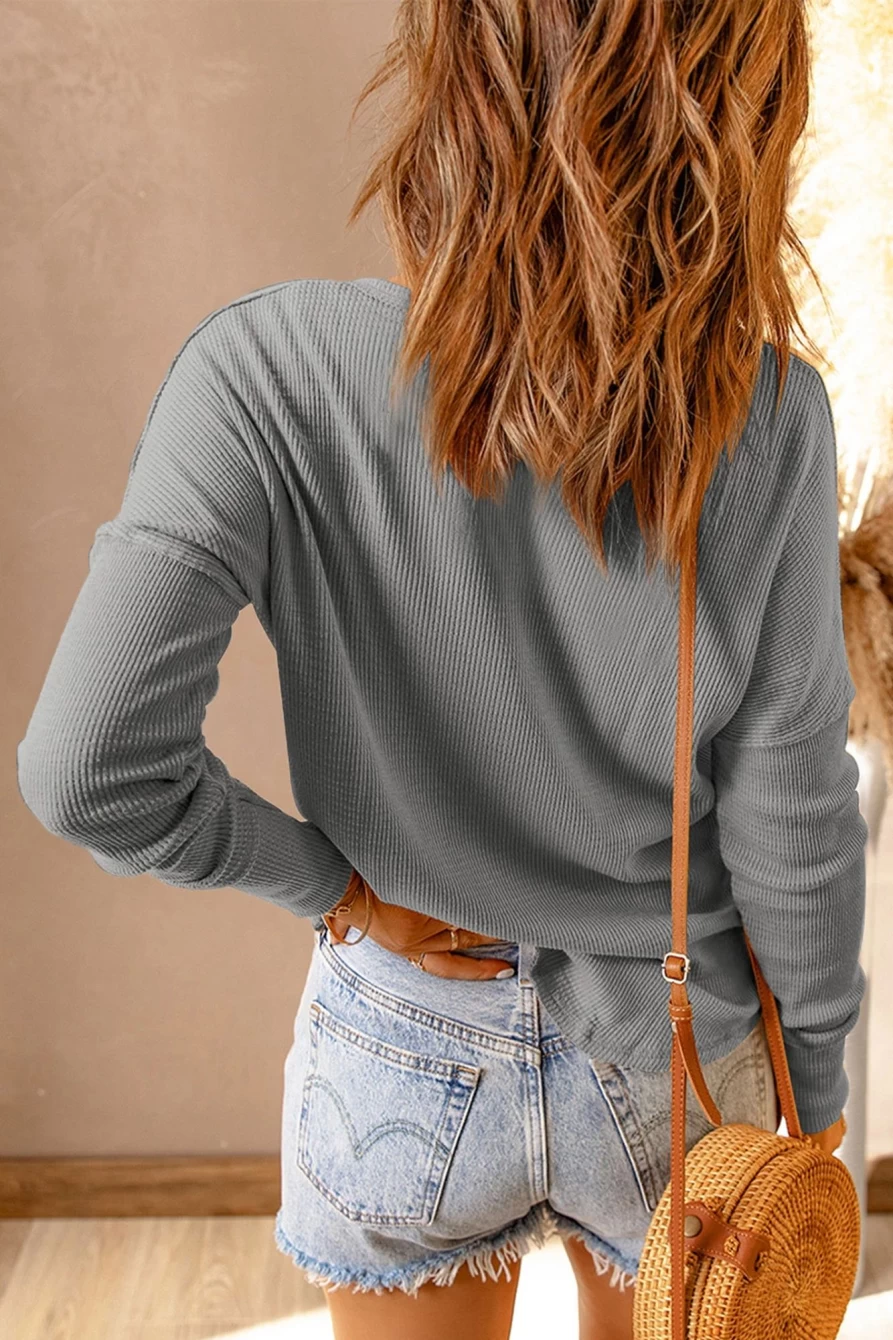 Shewin Women's Gray Waffle Knit Long Sleeve Henley Shirt