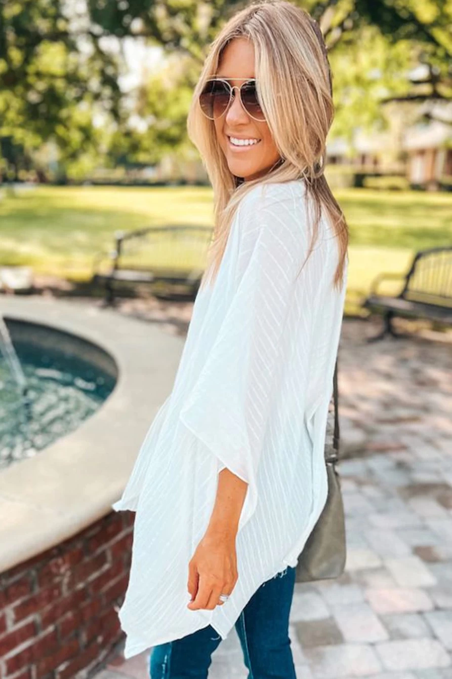Women's White Oversized Half Sleeve Open Front Kimono Cardigan - Shewin