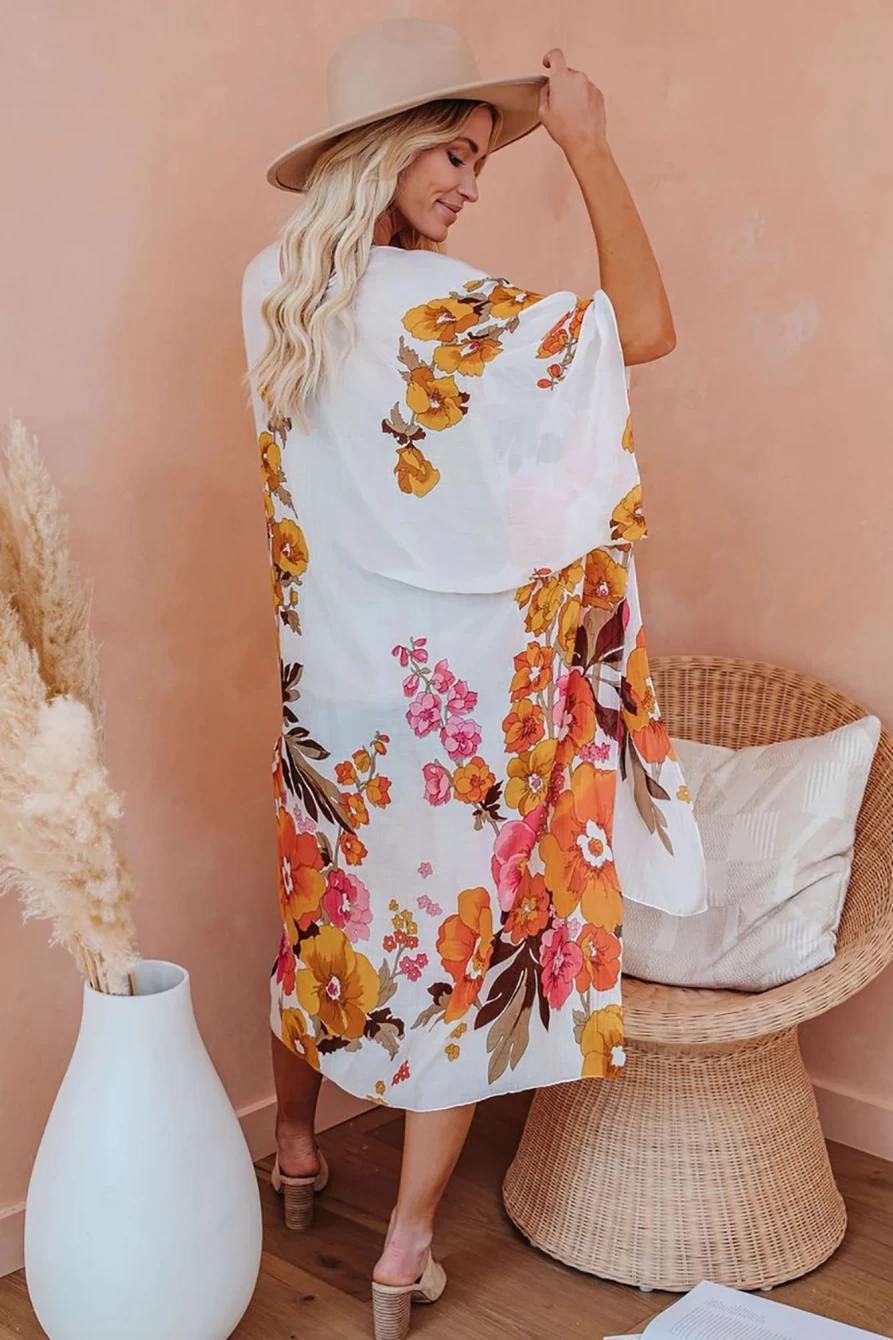 "SheWin Women's White Bohemian Floral Kimono Cover Up Long Sleeve Beach Dress"