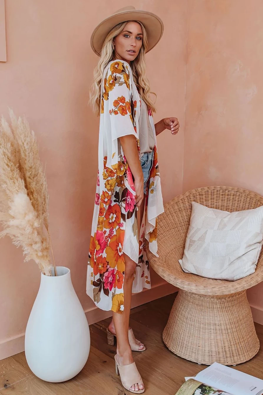 "SheWin Women's White Bohemian Floral Kimono Cover Up Long Sleeve Beach Dress"