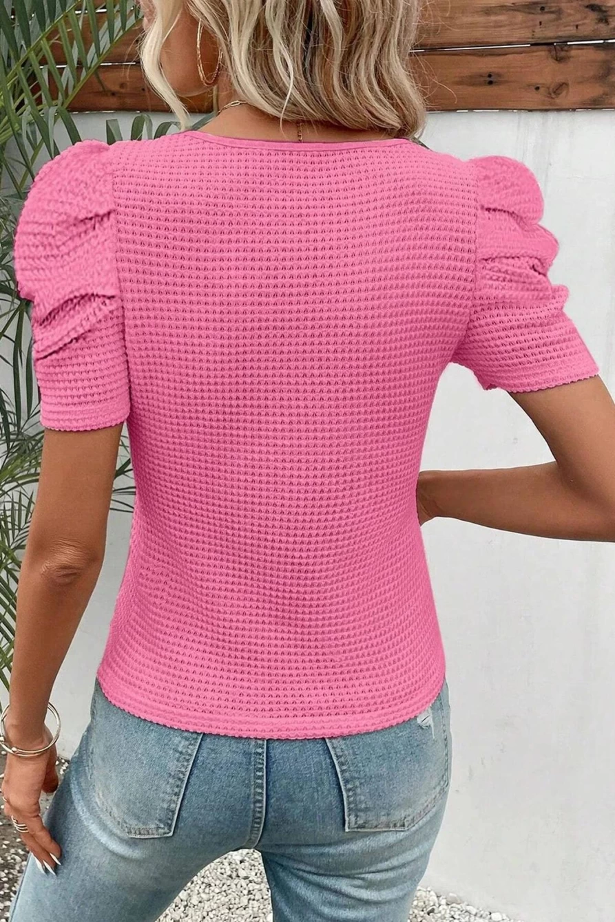 Shewin Women's Bright Pink Scoop Neck Waffle Knit Puff Sleeve T-Shirt