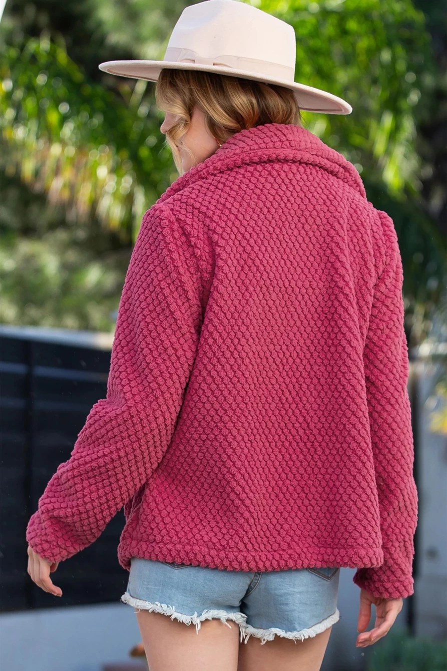 Shewin Women's Strawberry Pink Casual Waffle Lapel Open Front Blazer
