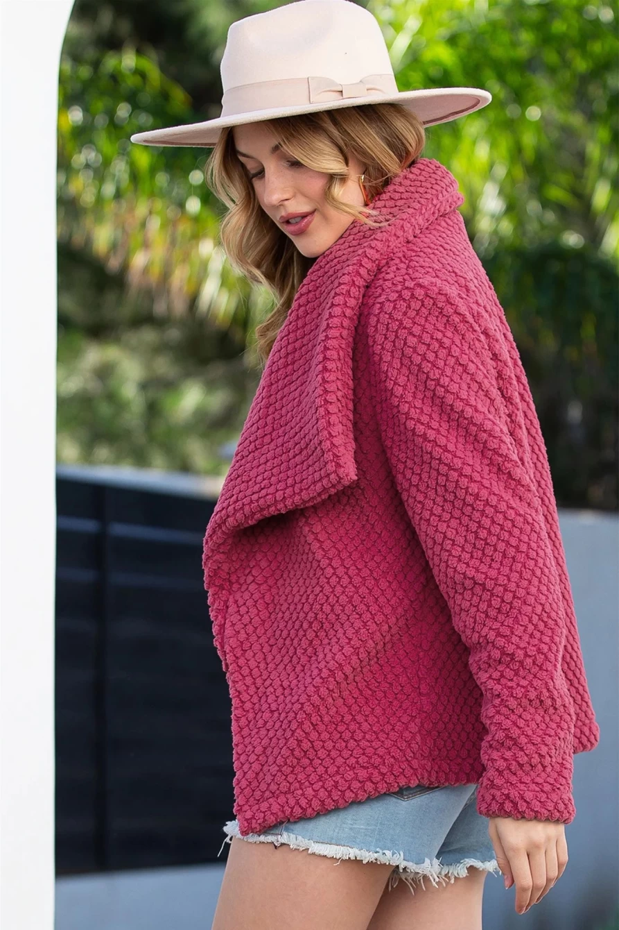 Shewin Women's Strawberry Pink Casual Waffle Lapel Open Front Blazer