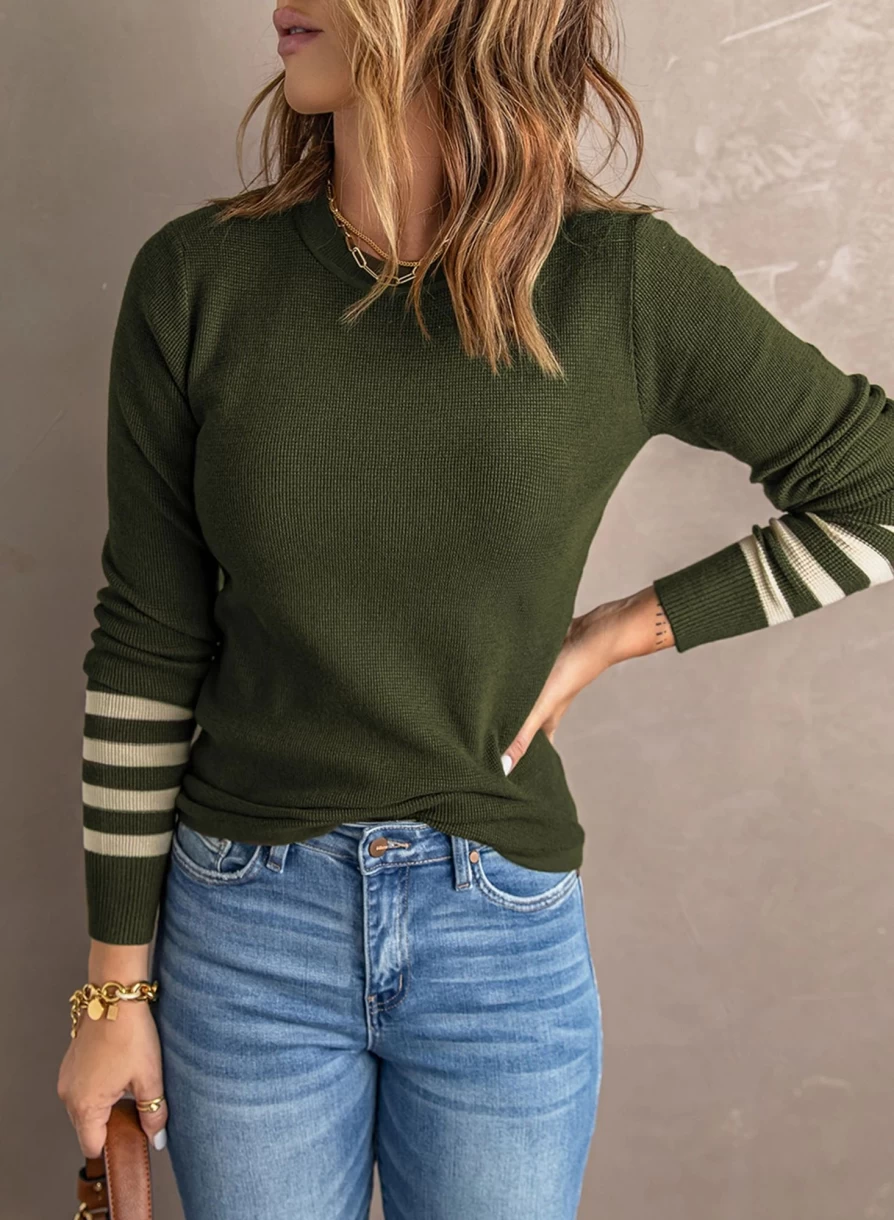 Shewin Women's Green Striped Casual Crew Neck Knit Sweater