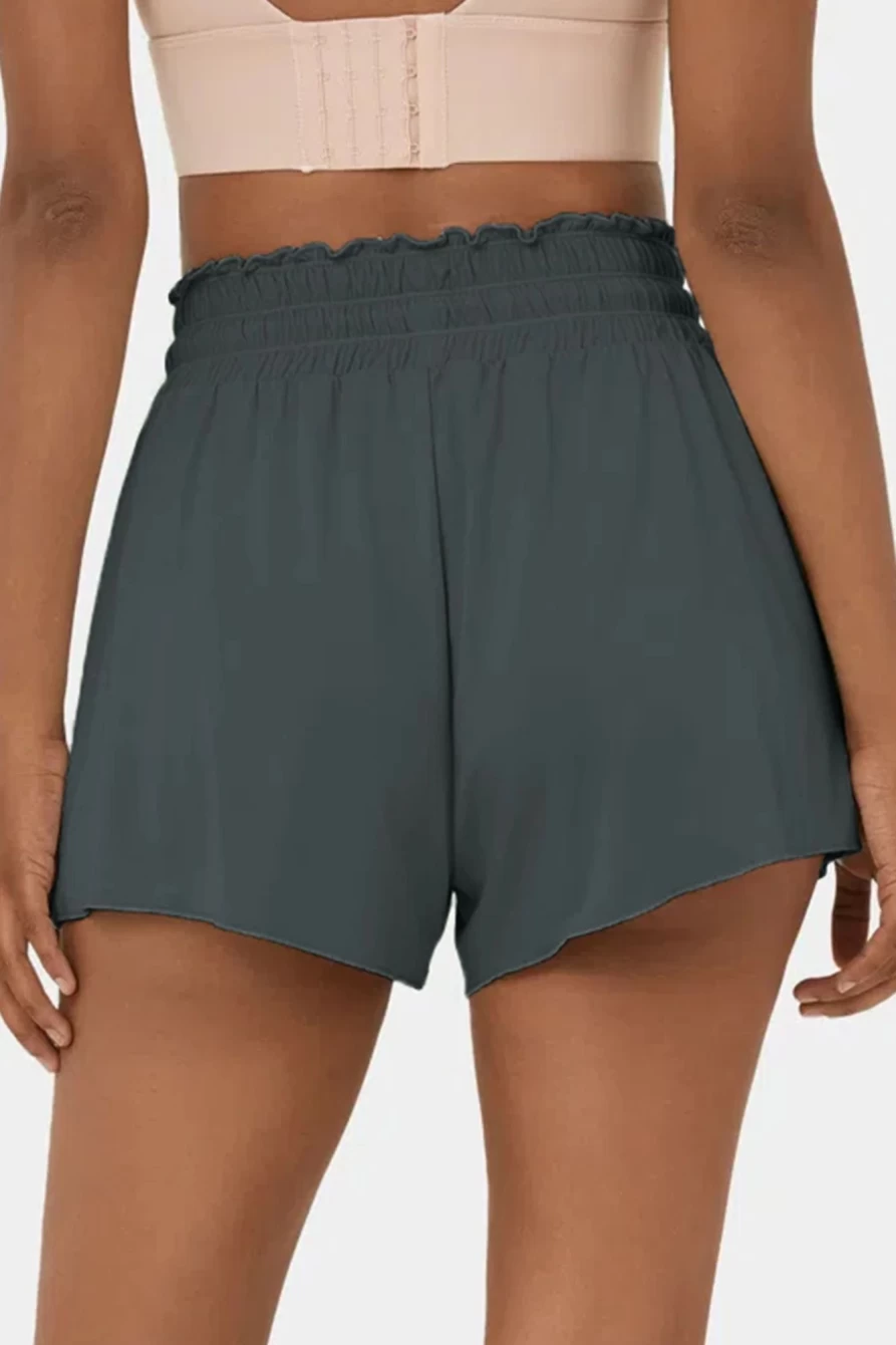 Shewin Women's Dark Grey High Waist Swim Shorts with Frill & Petal Wrap Design