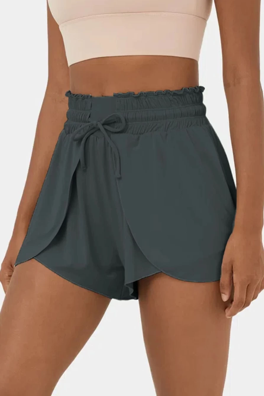 Shewin Women's Dark Grey High Waist Swim Shorts with Frill & Petal Wrap Design