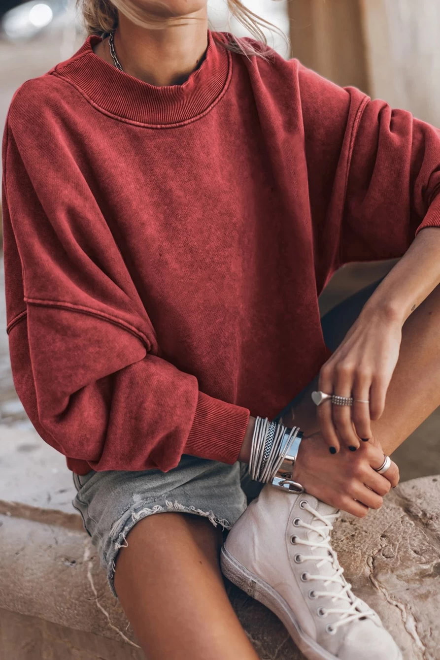 Women's Ruby Drop Shoulder Crewneck Sweatshirt - Shewin Oversized Pullover Comfortable Casual Long Sleeve
