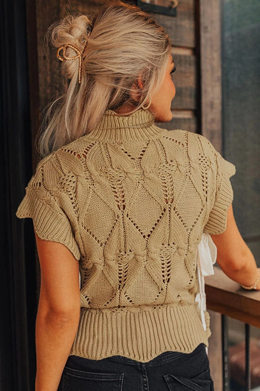 Shewin Women's Light French Beige Hollowed Knit Scalloped Trim High Neck Sweater