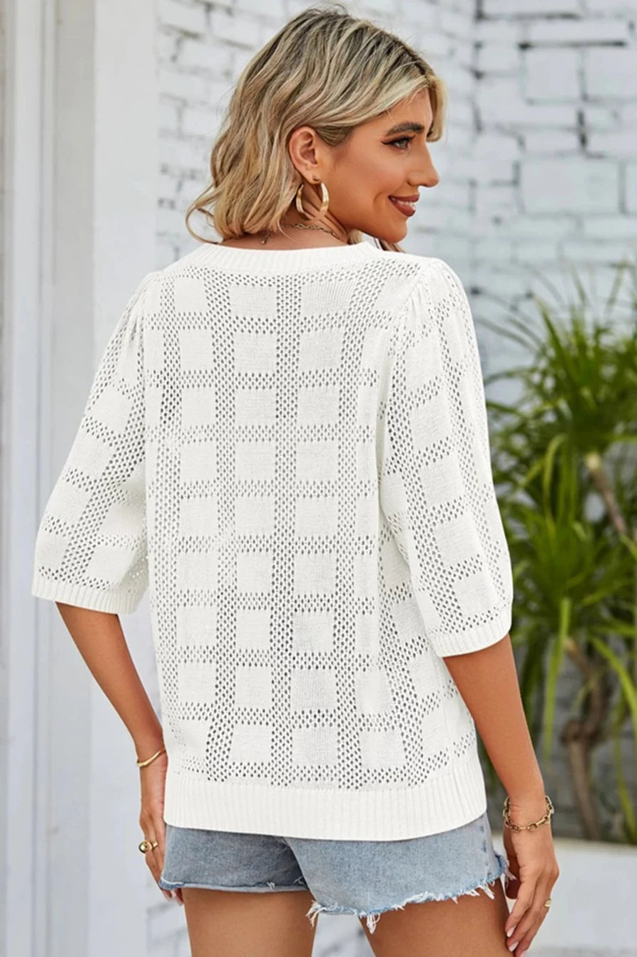 Women's White Solid Color Half Sleeve Crochet Pullover Shirt - Shewin