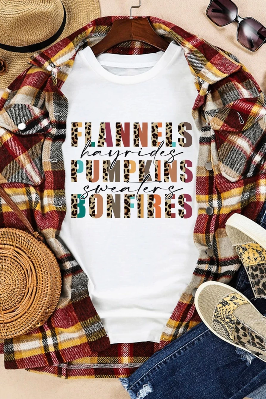 Shewin Women's White Flannel Hayrides Pumpkins Bonfires Graphic Tee