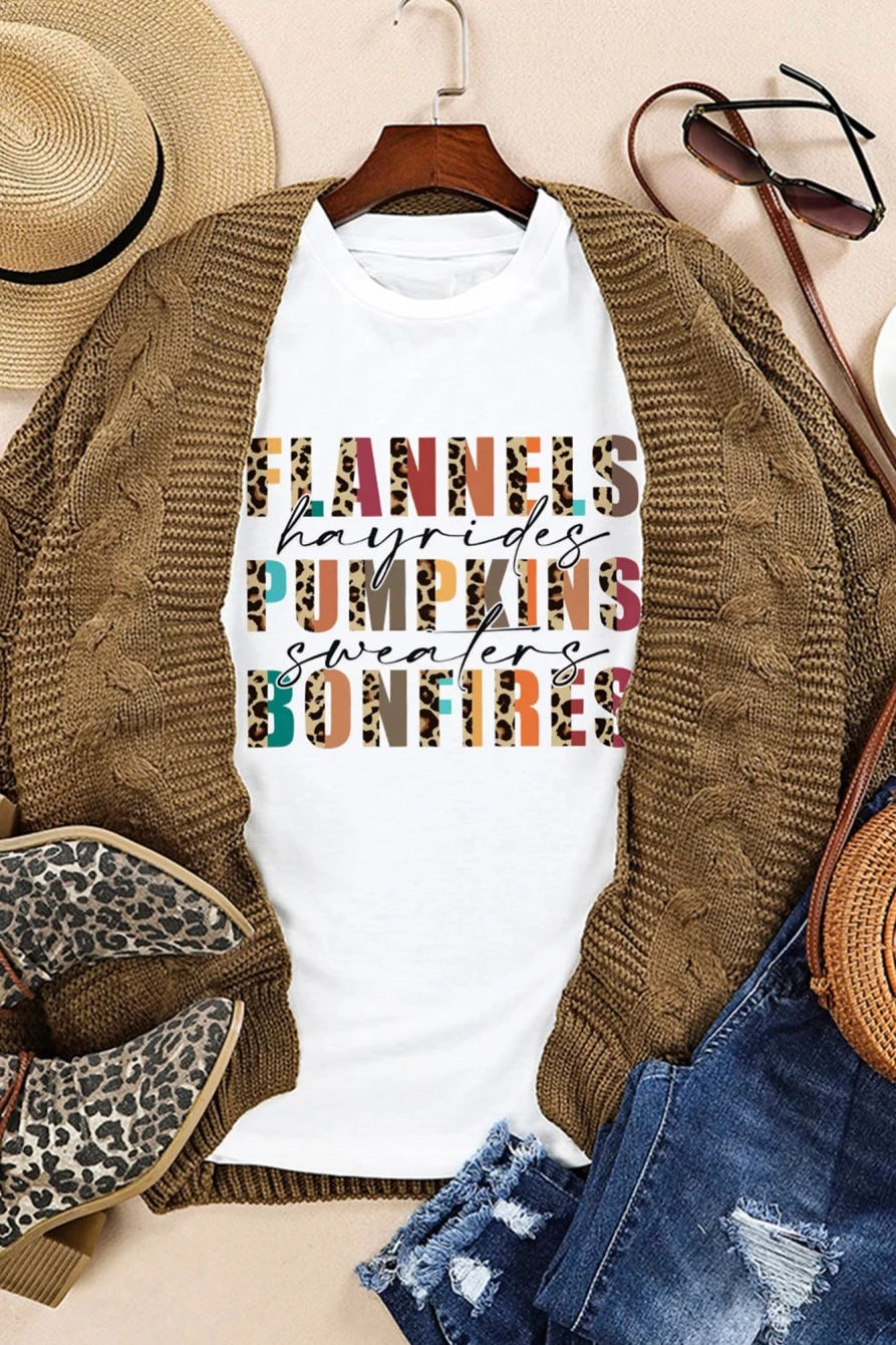 Shewin Women's White Flannel Hayrides Pumpkins Bonfires Graphic Tee