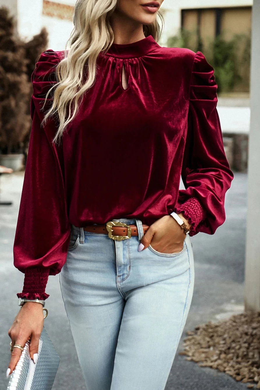 Shewin Women's Red Velvet Mock Keyhole Blouse with Puff Sleeves