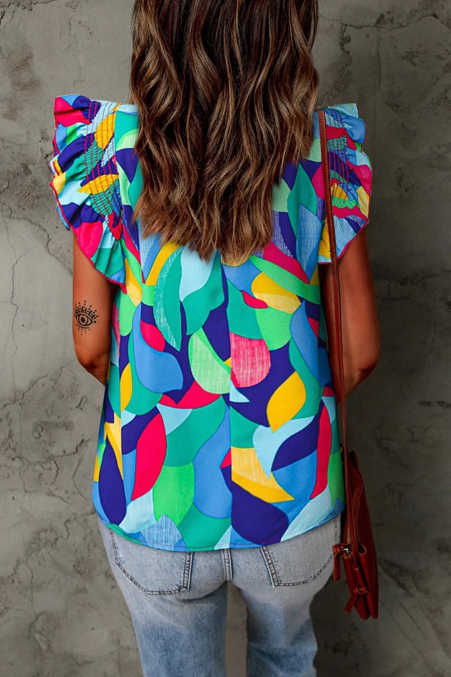 Shewin Women's Multicolor Abstract Print Blouse with Ruffle Sleeves Casual Top