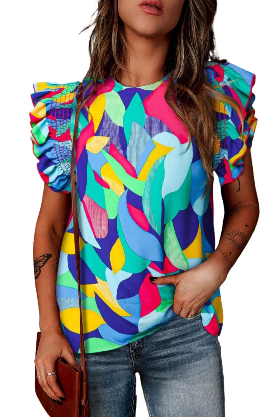 Shewin Women's Multicolor Abstract Print Blouse with Ruffle Sleeves Casual Top