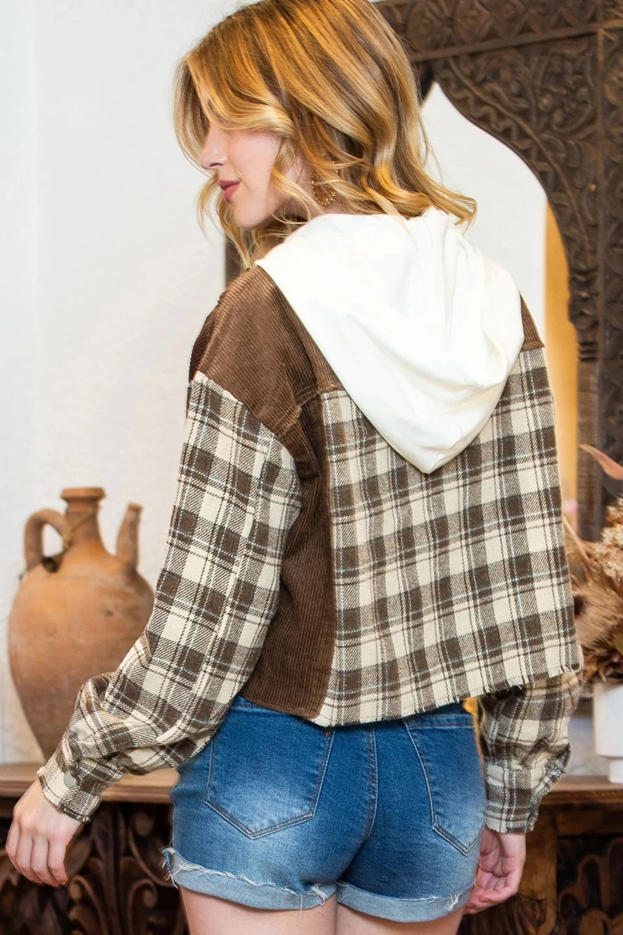 Shewin Women's Brown Plaid Patchwork Distressed Cropped Hoodie Jacket