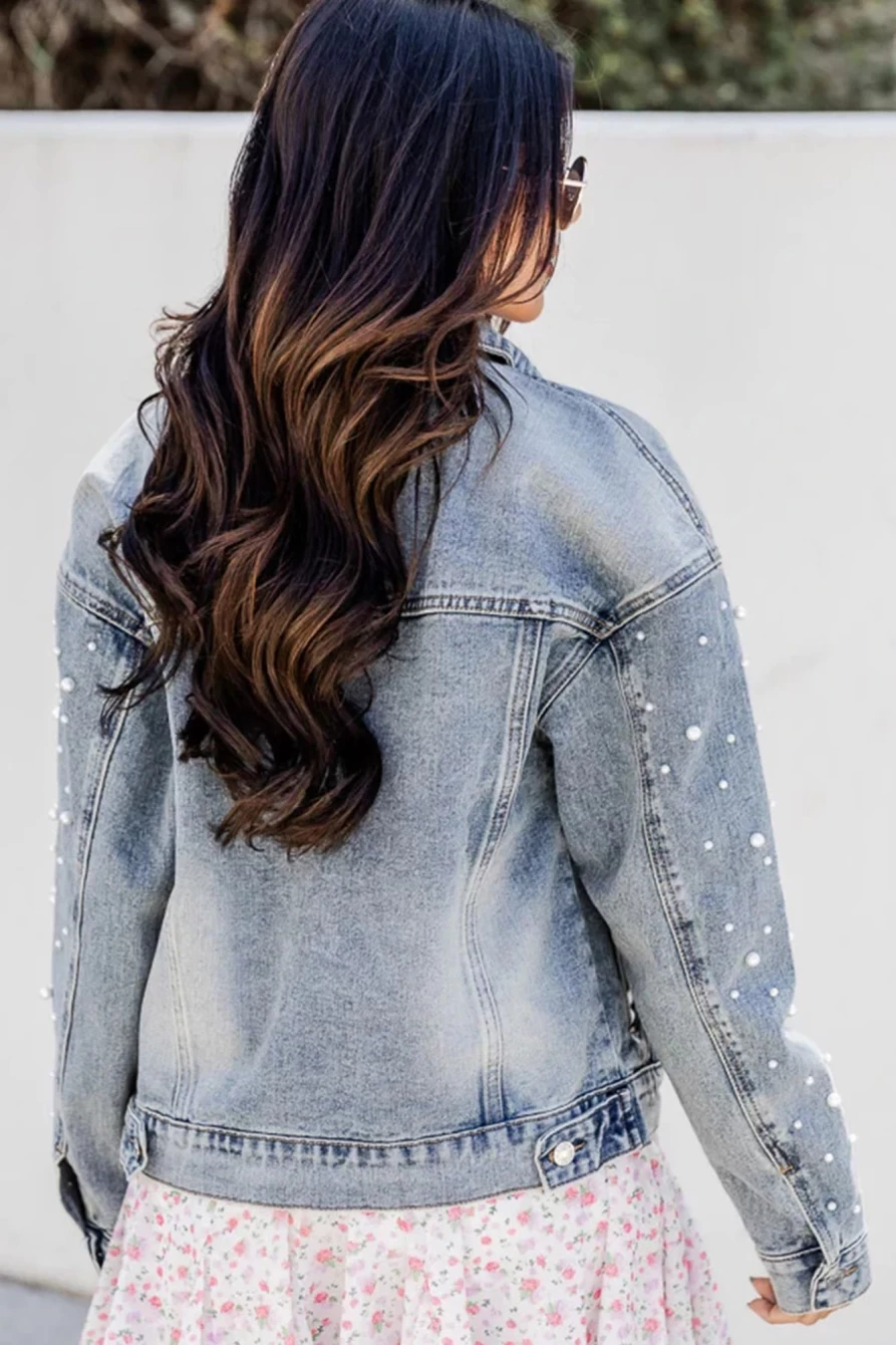 Shewin Women's Sky Blue Denim Jacket with Pearl Beaded Chest Pockets & Button Front