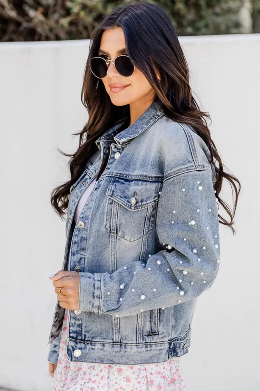 Shewin Women's Sky Blue Denim Jacket with Pearl Beaded Chest Pockets & Button Front