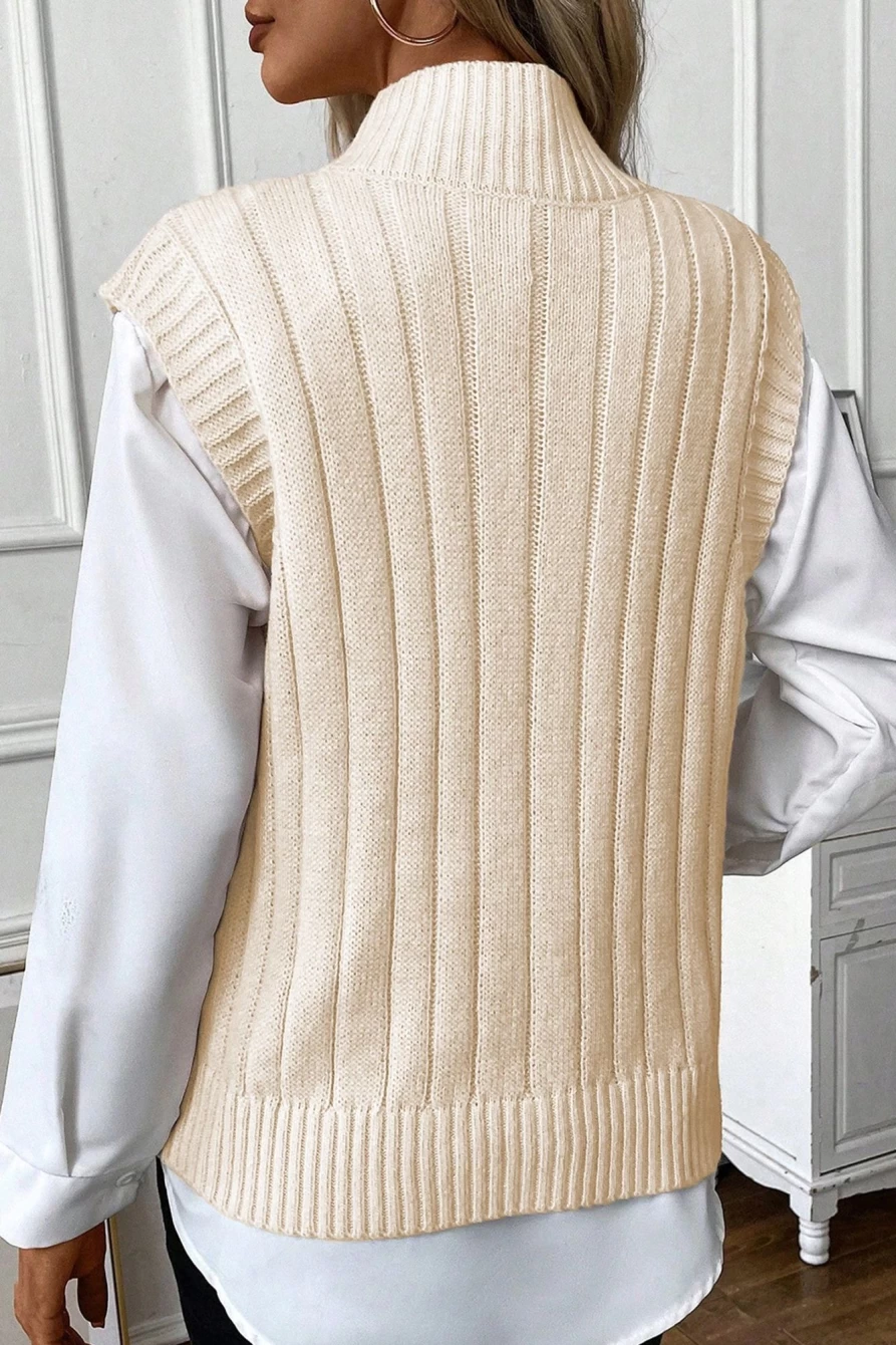 Shewin Women's Oatmeal Ribbed High Neck Cable Knit Sweater Vest